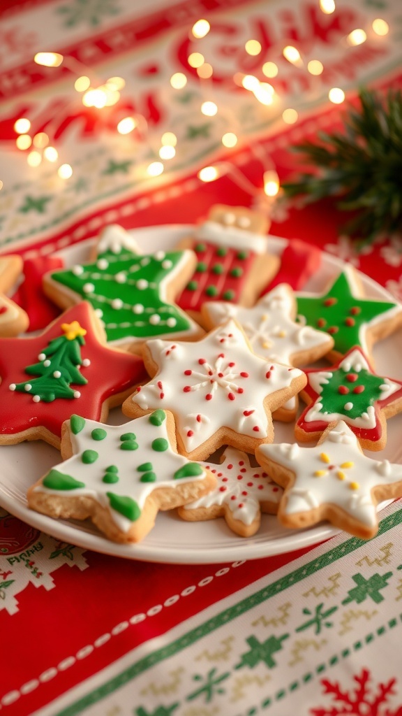 A festive plate of Christmas sugar cookies decorated with icing and sprinkles on a holiday table.